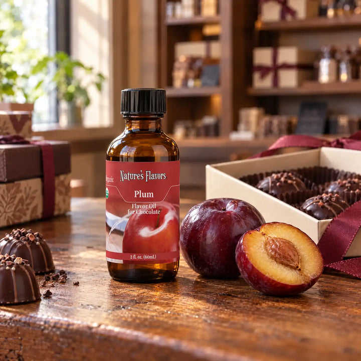 Nature's Flavors Organic Plum Flavor Oil for Chocolate bottle on a wooden chocolate-shop counter beside whole and halved plums and a gift box of chocolates.