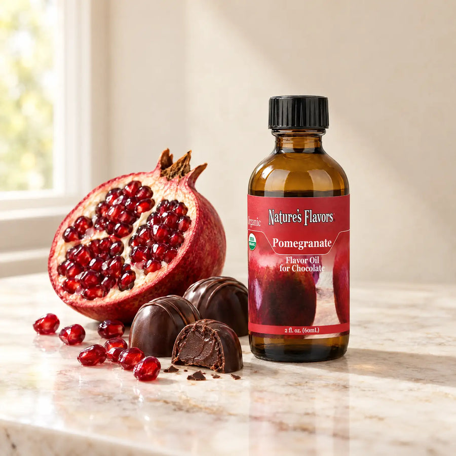 Nature's Flavors Organic Pomegranate Flavor Oil For Chocolate, 2-ounce bottle, with pomegranate and dark chocolate bonbons on marble.