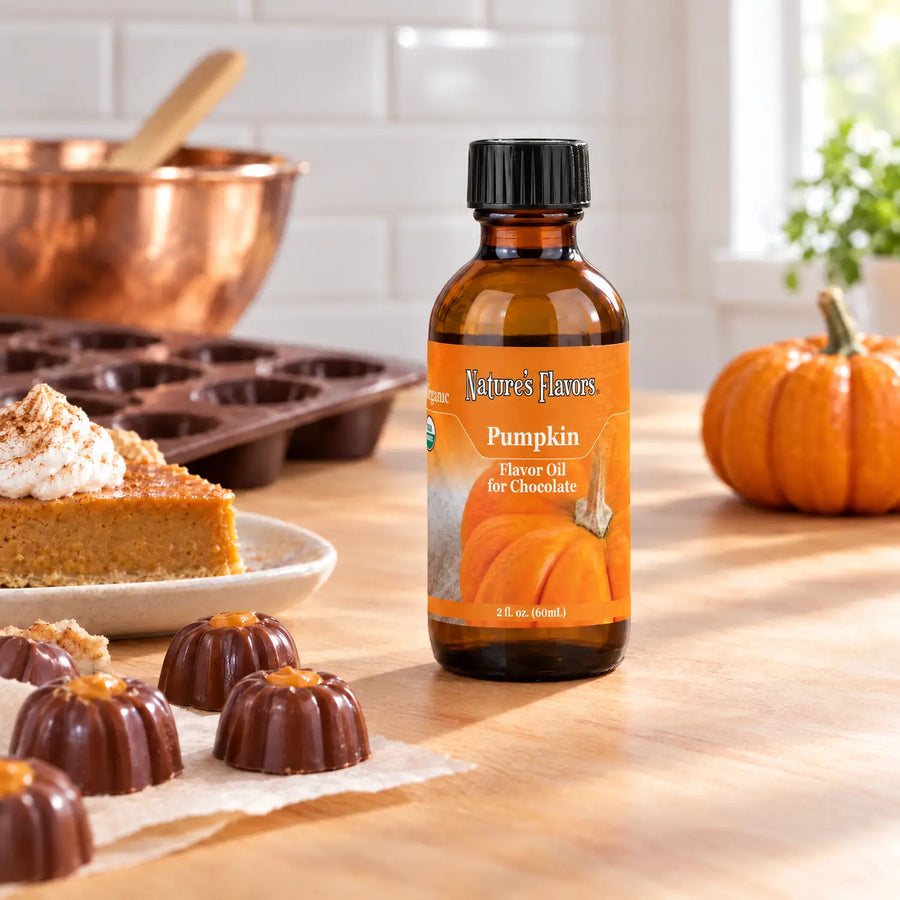 Nature's Flavors Organic Pumpkin Flavor Oil For Chocolate, 2-ounce bottle, with pumpkin pie, a small pumpkin and chocolates in a kitchen.