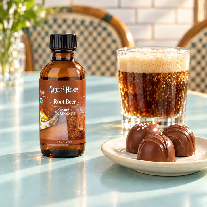Nature's Flavors Organic Root Beer Flavor Oil For Chocolate, 2-ounce bottle, with root beer and milk chocolate bonbons on a cafe table.