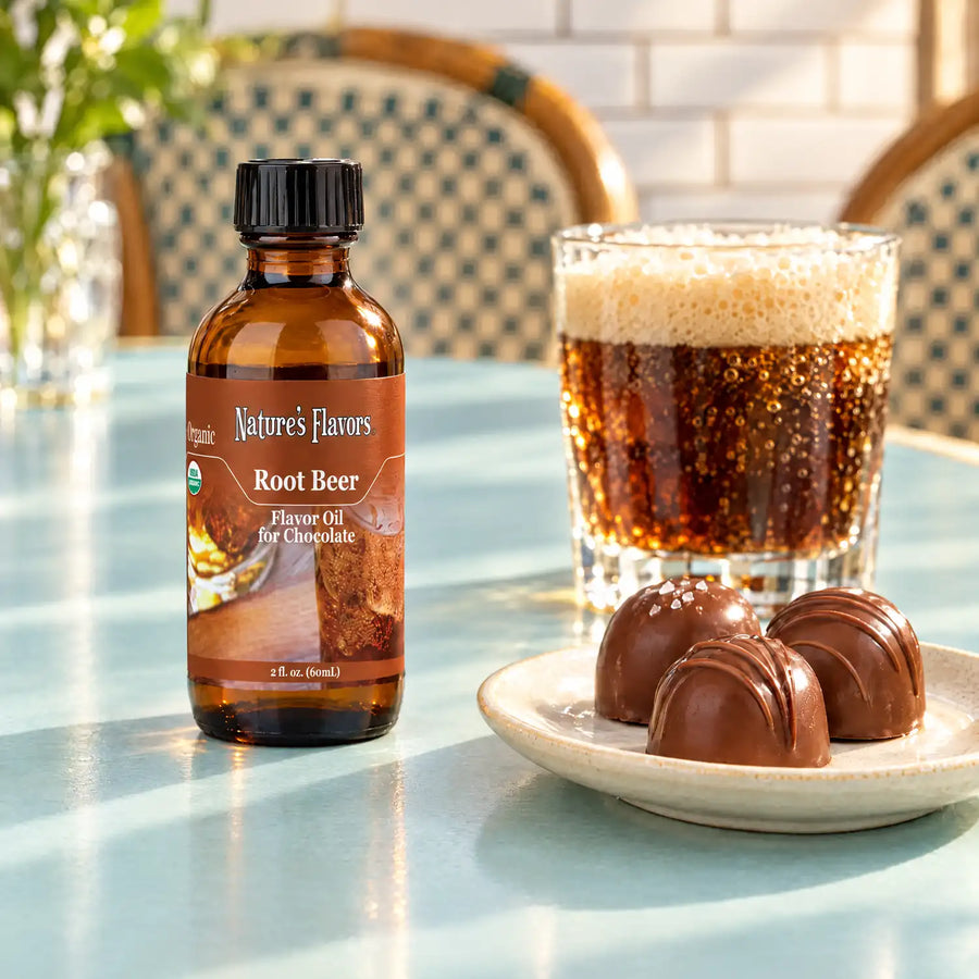 Nature's Flavors Organic Root Beer Flavor Oil For Chocolate, 2-ounce bottle, with root beer and milk chocolate bonbons on a cafe table.