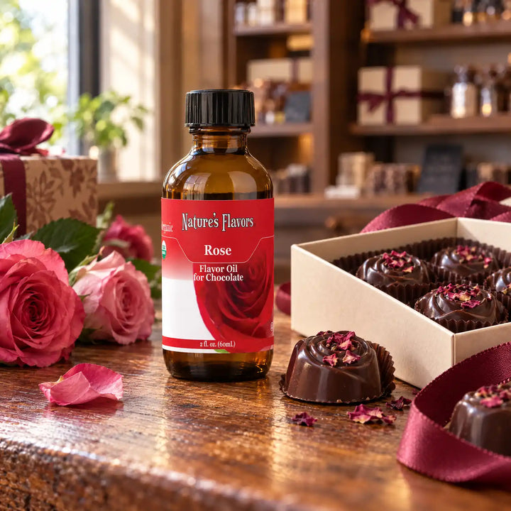 Nature's Flavors Organic Rose Flavor Oil for Chocolate bottle on a wooden chocolate-shop counter beside rose blooms and petals and a gift box of chocolates.