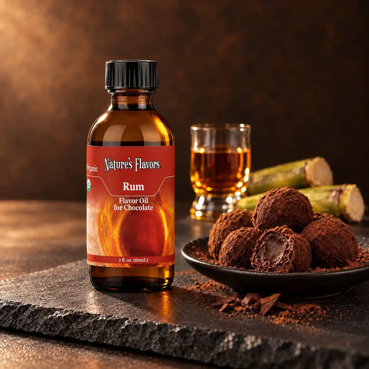 Nature's Flavors Organic Rum Flavor Oil For Chocolate, 2-ounce bottle, with rum and chocolate truffles on dark slate.