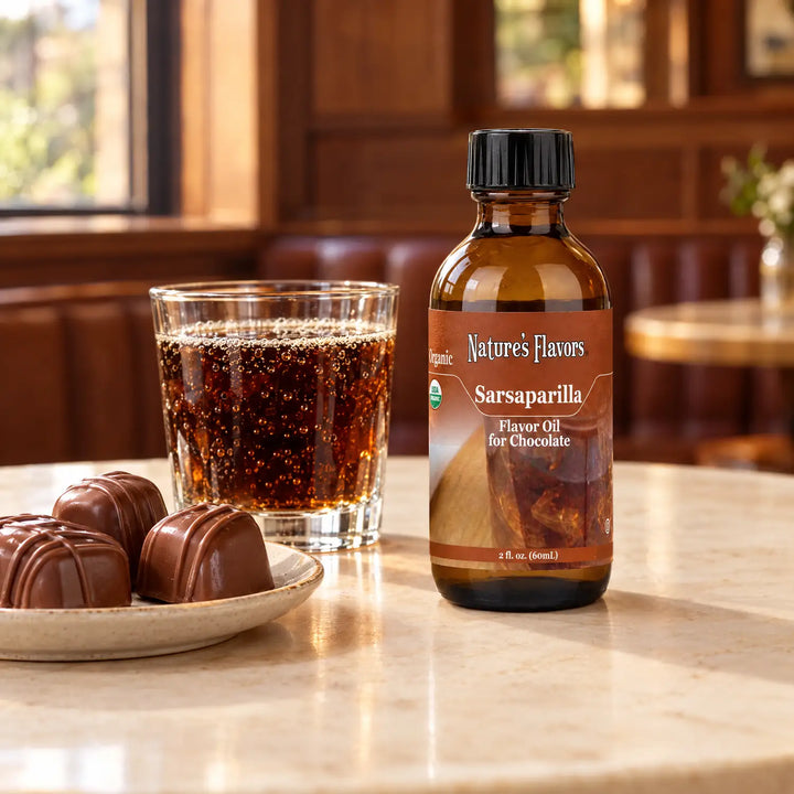 Nature's Flavors Organic Sarsaparilla Flavor Oil For Chocolate, 2-ounce bottle, with sarsaparilla and milk chocolate bonbons on a cafe table.