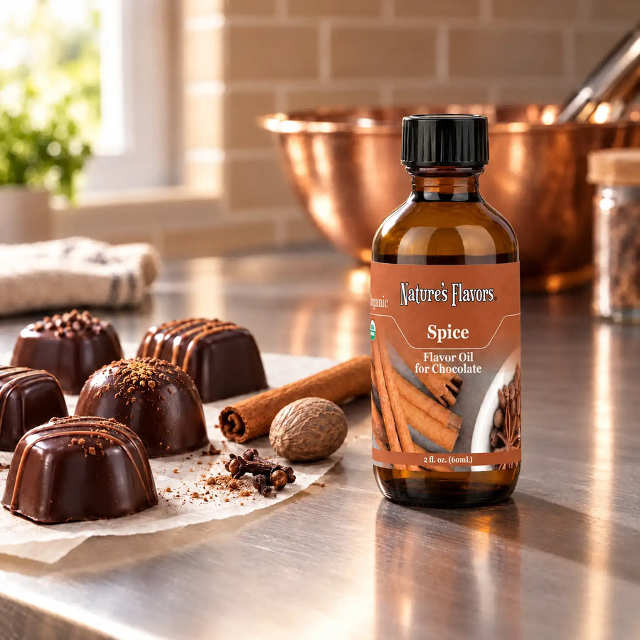 Nature's Flavors Organic Spice Flavor Oil For Chocolate, 2-ounce bottle, with spices and chocolate bonbons in a working kitchen.