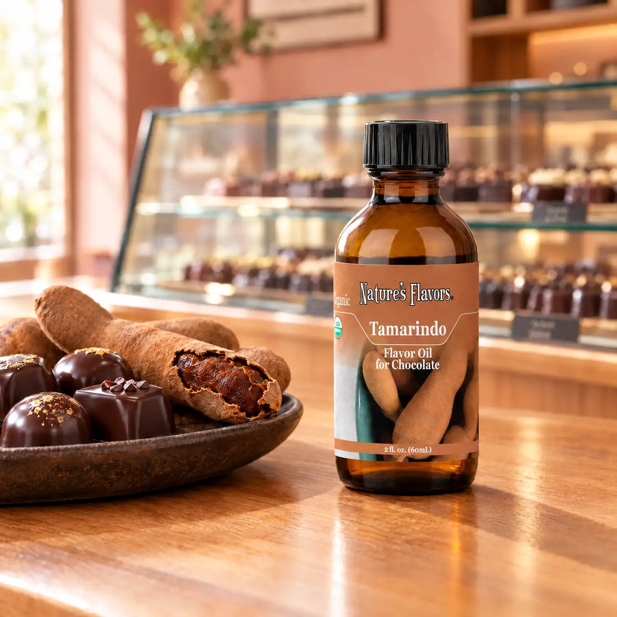 Nature's Flavors Organic Tamarindo Flavor Oil For Chocolate, 2-ounce bottle, with tamarind pods and chocolate bonbons in a chocolate shop.
