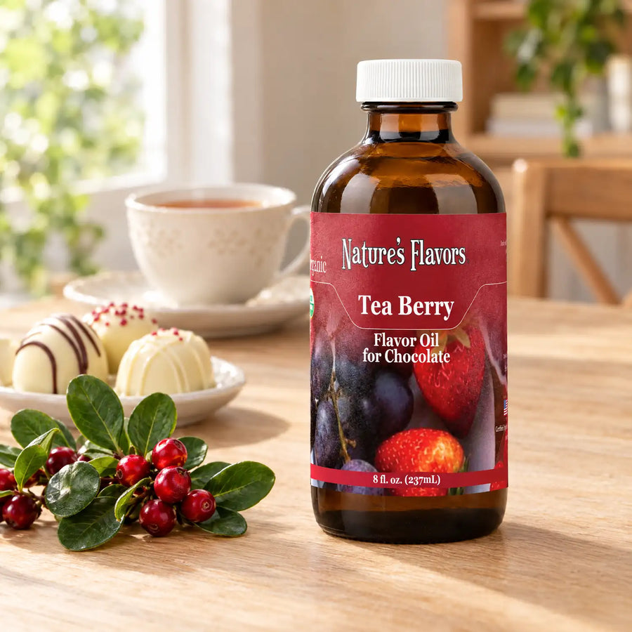 Nature's Flavors Organic Tea-Berry Flavor Oil For Chocolate, 8-ounce bottle, with red berries, green leaves, tea and white chocolate bonbons on a cafe table.