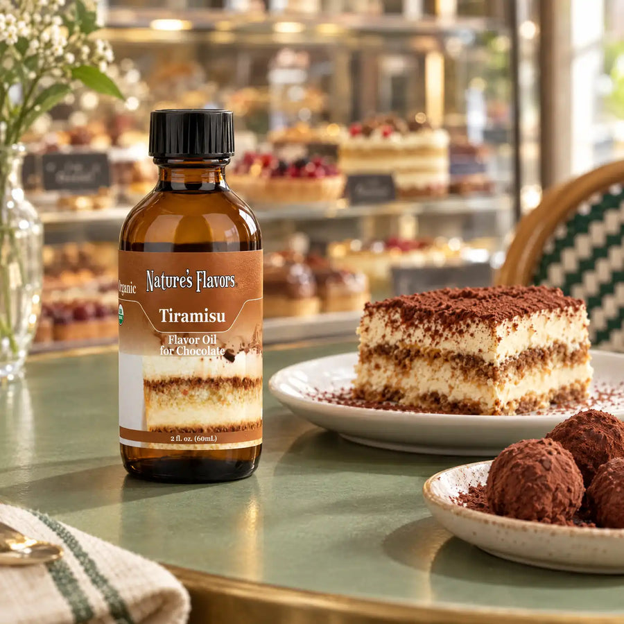 Nature's Flavors Organic Tiramisu Flavor Oil For Chocolate, 2-ounce bottle, with tiramisu and cocoa-dusted chocolate truffles at a patisserie.