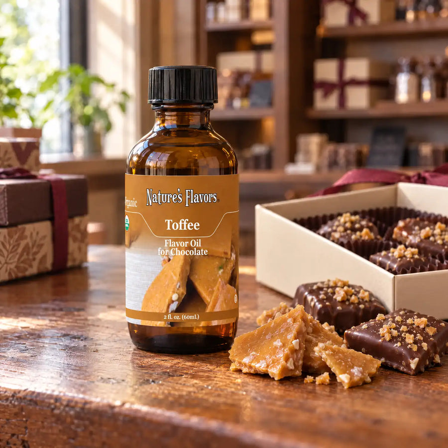 Nature's Flavors Organic Toffee Flavor Oil for Chocolate bottle on a wooden chocolate-shop counter beside golden toffee pieces and a gift box of chocolates.