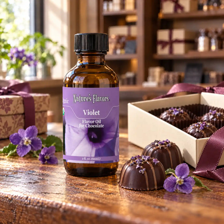 Nature's Flavors Organic Violet Flavor Oil for Chocolate bottle on a wooden chocolate-shop counter beside purple violet flowers and a gift box of chocolates.