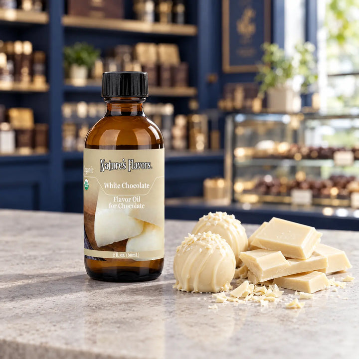 Nature's Flavors Organic White Chocolate Flavor Oil For Chocolate, 2-ounce bottle, with white chocolate pieces and truffles in a chocolate shop.