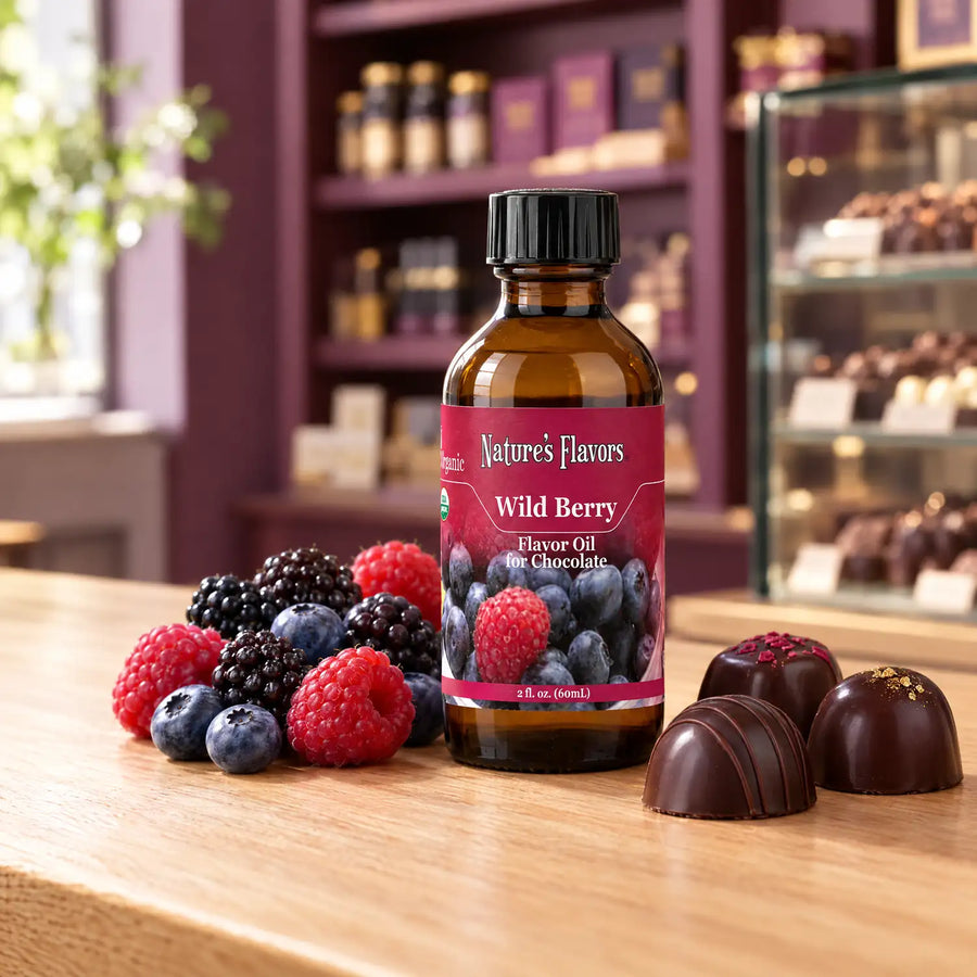 Nature's Flavors Organic Wild Berry Flavor Oil For Chocolate, 2-ounce bottle, with mixed berries and dark chocolate bonbons in a chocolate shop.