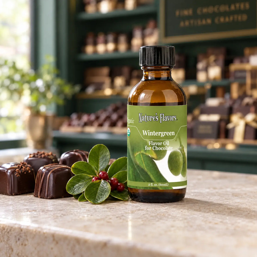Nature's Flavors Organic Wintergreen Flavor Oil For Chocolate, 2-ounce bottle, with green leaves, red berries and chocolate bonbons in a chocolate shop.