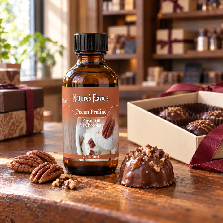 Nature's Flavors Pecan Praline Flavor Oil for Chocolate bottle on a wooden chocolate-shop counter beside pecan halves and praline and a gift box of chocolates.