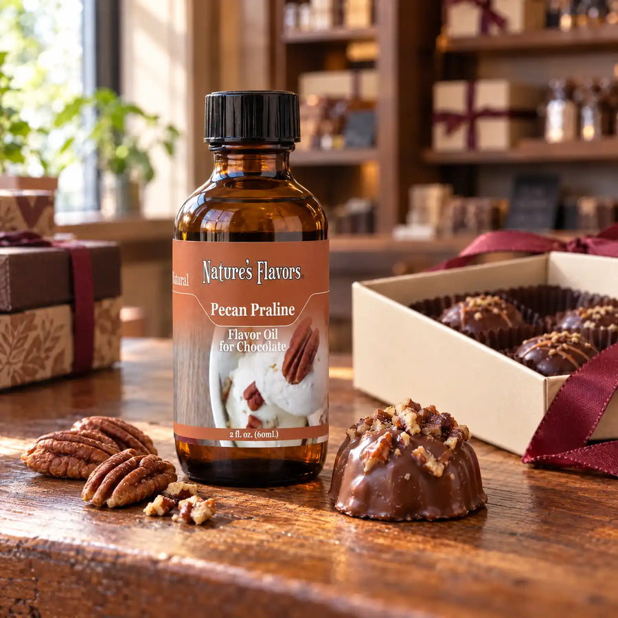 Nature's Flavors Pecan Praline Flavor Oil for Chocolate bottle on a wooden chocolate-shop counter beside pecan halves and praline and a gift box of chocolates.
