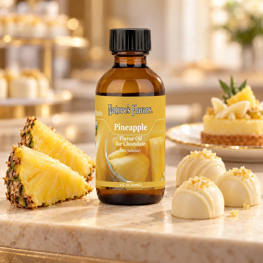 Nature's Flavors Organic Pineapple Flavor Oil for Chocolate bottle beside pineapple wedges, white chocolate bonbons, and a pastry at a patisserie.