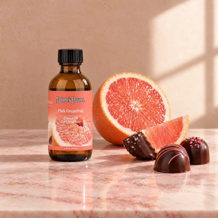 Nature's Flavors Pink Grapefruit Flavor Oil for Chocolate, 2-ounce bottle, with pink grapefruit and chocolate bonbons on marble.