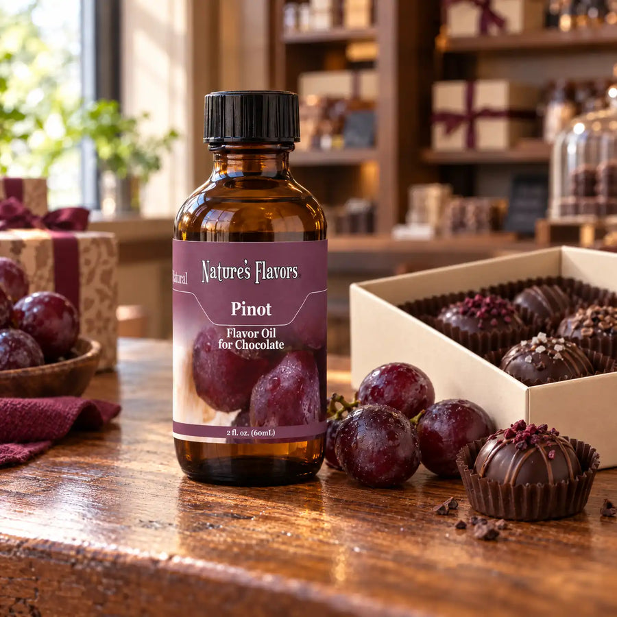 Nature's Flavors Pinot Flavor Oil for Chocolate bottle on a wooden chocolate-shop counter beside dark grapes and a gift box of chocolates.