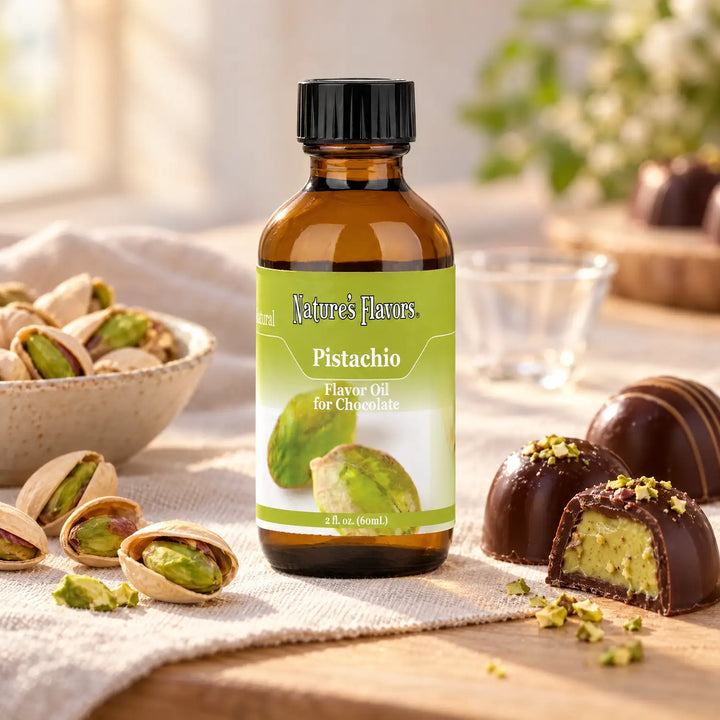 Nature's Flavors Pistachio Flavor Oil for Chocolate bottle beside pistachios and chocolate bonbons on a linen-covered tasting table.