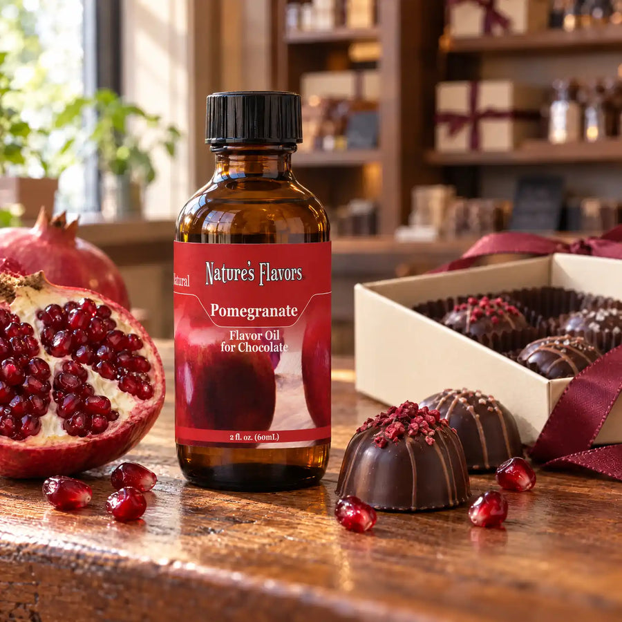 Nature's Flavors Pomegranate Flavor Oil for Chocolate bottle on a wooden chocolate-shop counter beside a split pomegranate and seeds and a gift box of chocolates.