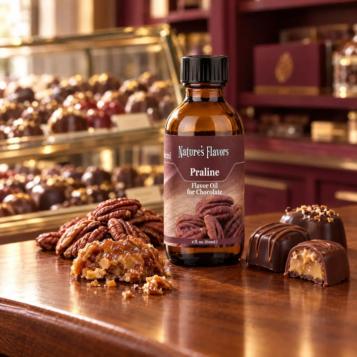 Nature's Flavors Praline Flavor Oil for Chocolate, 2-ounce bottle, with pecans, praline and filled chocolates in a chocolate shop.