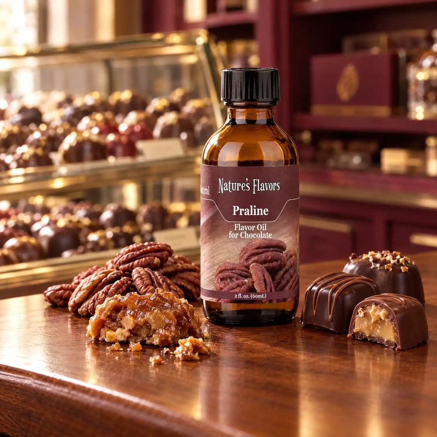 Nature's Flavors Praline Flavor Oil for Chocolate, 2-ounce bottle, with pecans, praline and filled chocolates in a chocolate shop.