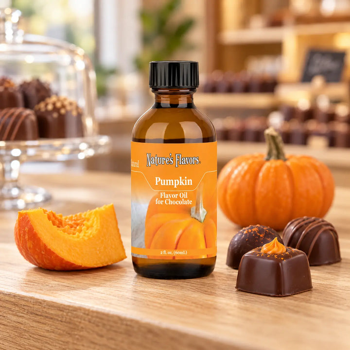 Nature's Flavors Pumpkin Flavor Oil for Chocolate bottle beside a pumpkin wedge, a small pumpkin, and chocolates on a boutique counter.