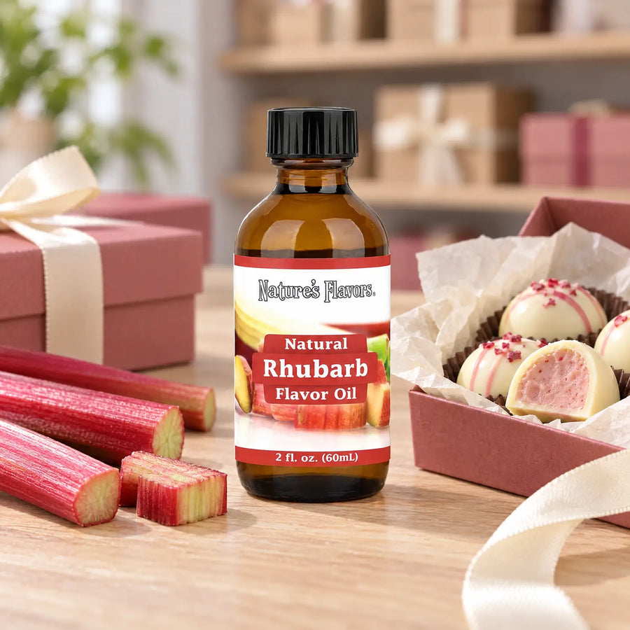 Nature's Flavors Natural Rhubarb Flavor Oil bottle with its white label beside cut rhubarb stalks and a gift box of pink-filled chocolates.