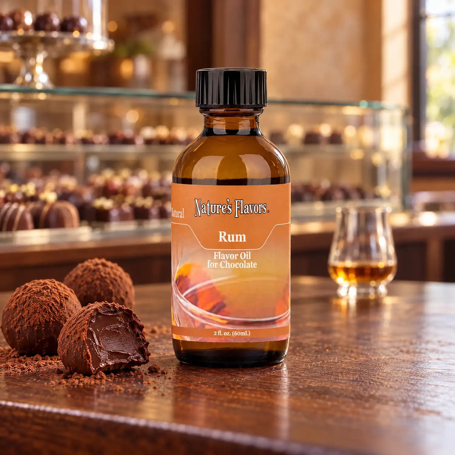 Nature's Flavors Rum Flavor Oil for Chocolate bottle beside cocoa-dusted truffles and a small glass of amber liquid in a chocolate shop.