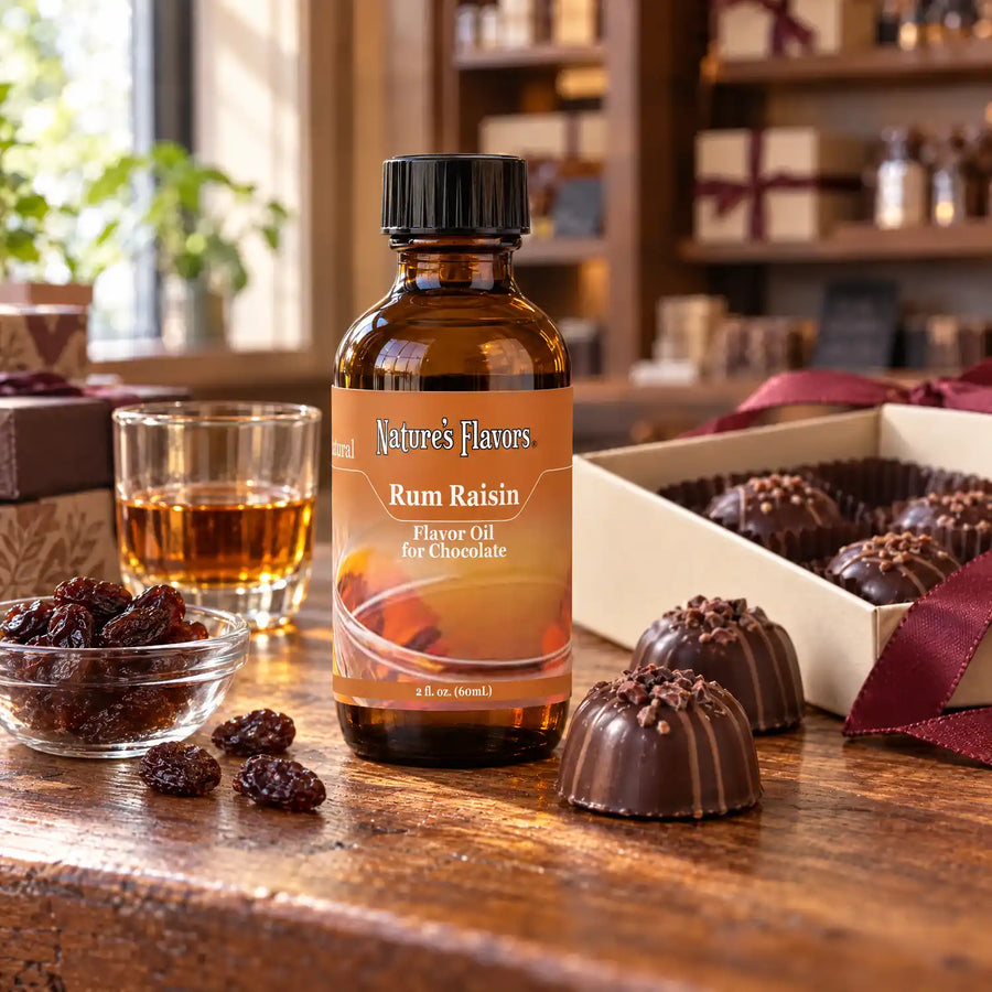 Nature's Flavors Rum Raisin Flavor Oil for Chocolate bottle on a wooden chocolate-shop counter beside raisins and a glass of rum and a gift box of chocolates.