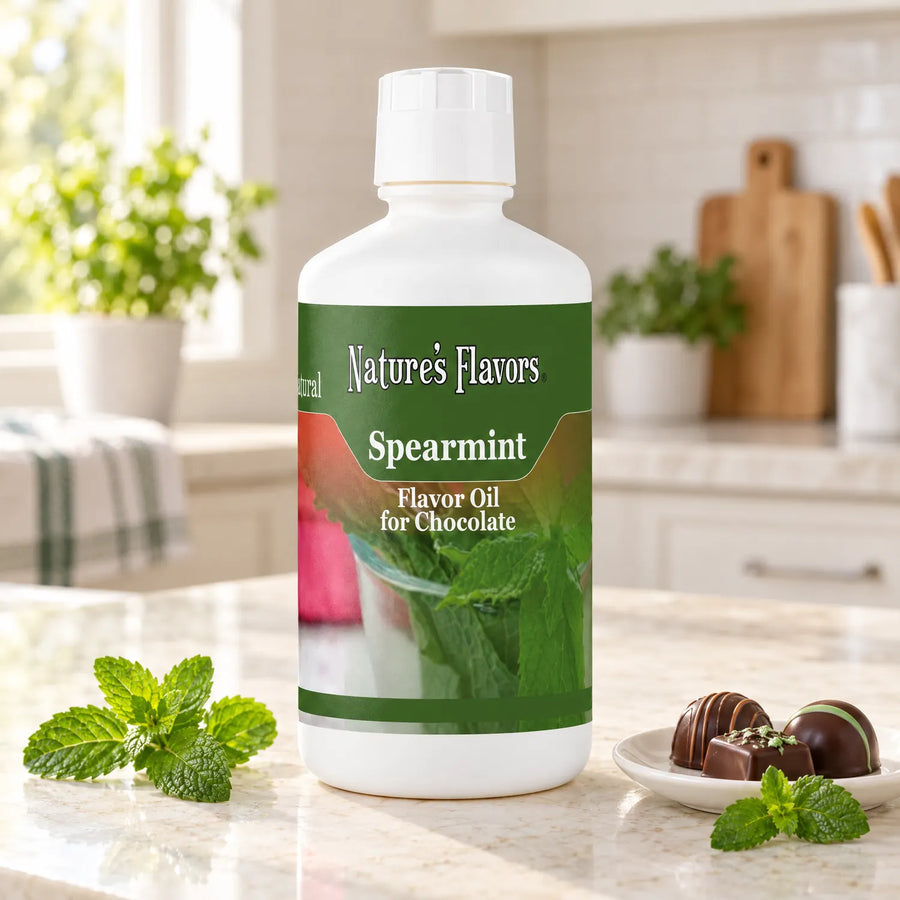 Nature's Flavors Spearmint Flavor Oil for Chocolate, 32-ounce bottle, with spearmint leaves and chocolate bonbons in a kitchen.