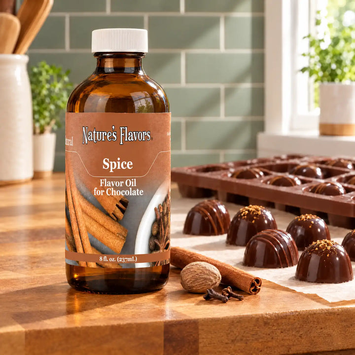 Nature's Flavors Spice Flavor Oil for Chocolate, 8-ounce bottle, with spices and chocolate bonbons in a working kitchen.