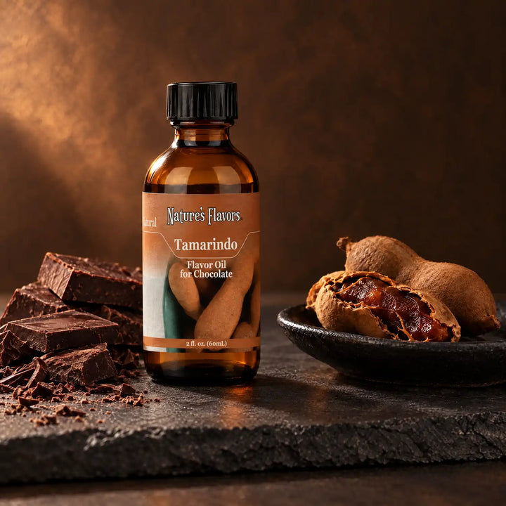 Nature's Flavors Tamarindo Flavor Oil for Chocolate, 2-ounce bottle, with tamarind pods and dark chocolate on slate.