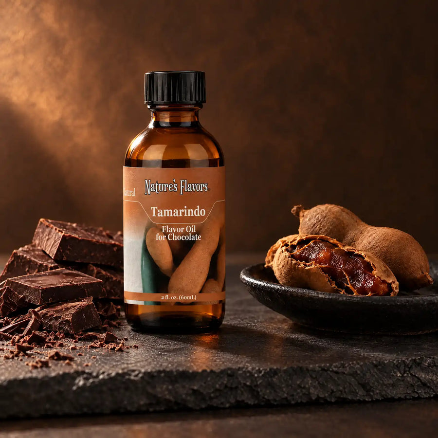 Nature's Flavors Tamarindo Flavor Oil for Chocolate, 2-ounce bottle, with tamarind pods and dark chocolate on slate.