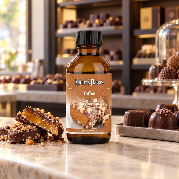 Nature's Flavors Toffee Flavor Oil for Chocolate bottle beside chocolate-coated toffee pieces and truffles on a chocolate-shop counter.