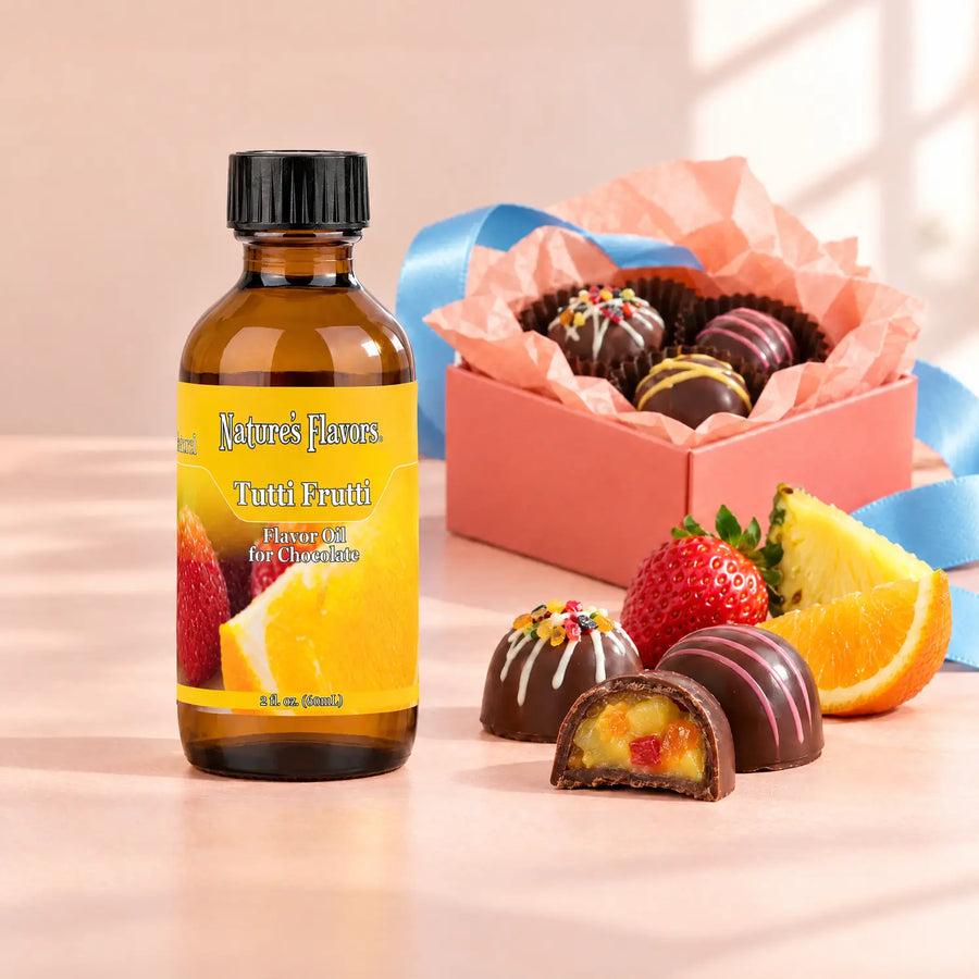 Nature's Flavors Tutti Frutti Flavor Oil for Chocolate, 2-ounce bottle, with mixed fruit and boxed chocolates on a peach gift table.