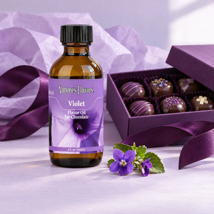 Nature's Flavors Violet Flavor Oil for Chocolate, 2-ounce bottle, with violet blossoms and boxed chocolates on a lavender gift table.