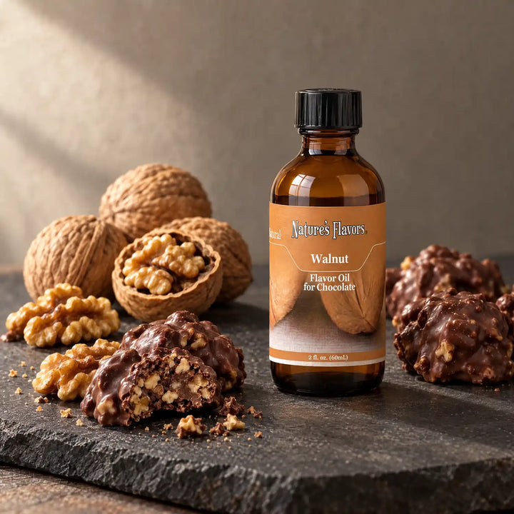 Nature's Flavors Walnut Flavor Oil for Chocolate, 2-ounce bottle, with walnuts and chocolate walnut clusters on slate.