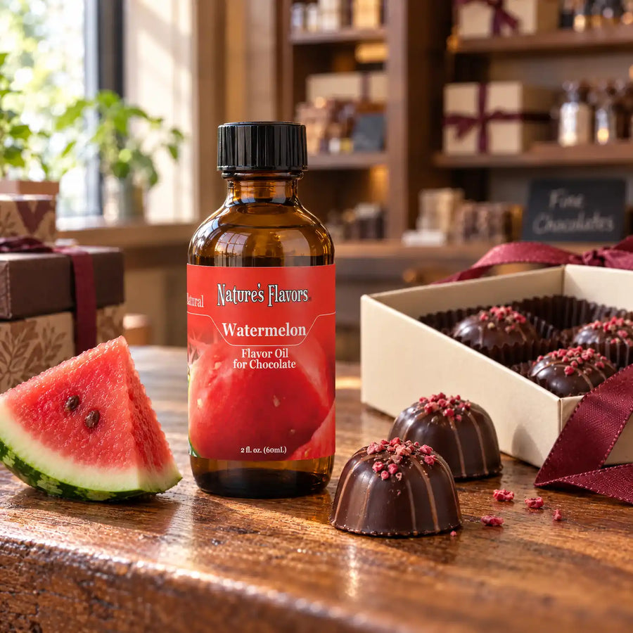 Nature's Flavors Watermelon Flavor Oil for Chocolate bottle on a wooden chocolate-shop counter beside a watermelon wedge and a gift box of chocolates.