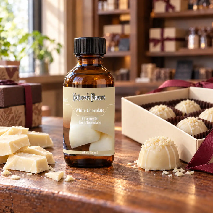 Nature's Flavors White Chocolate Flavor Oil for Chocolate bottle on a wooden chocolate-shop counter beside white chocolate pieces and a gift box of chocolates.