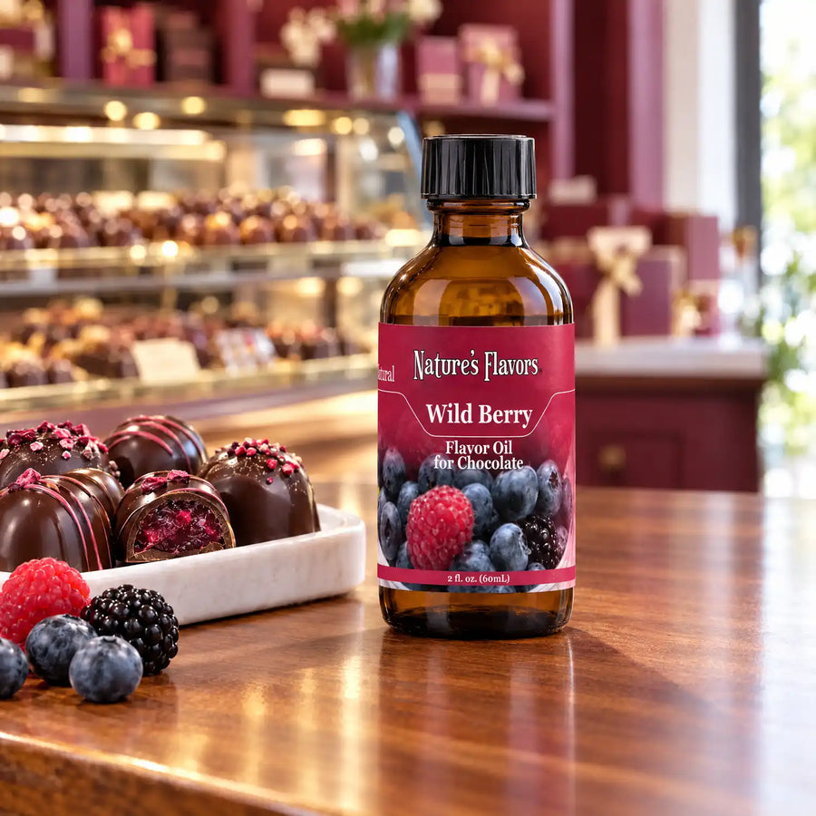 Nature's Flavors Wild Berry Flavor Oil for Chocolate, 2-ounce bottle, with mixed berries and chocolate bonbons in a chocolate shop.