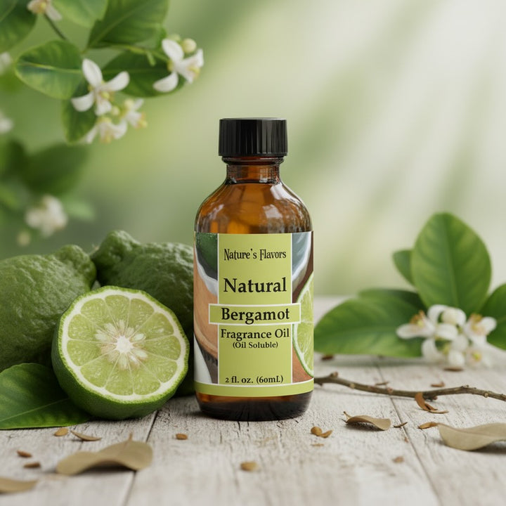 Bottle of Nature's Flavors Bergamot Fragrance Oil with a lime and leaves on a wooden surface