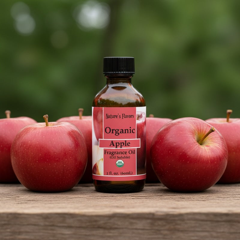 Bottle of Organic Apple fragrance oil with apples on a wooden surface