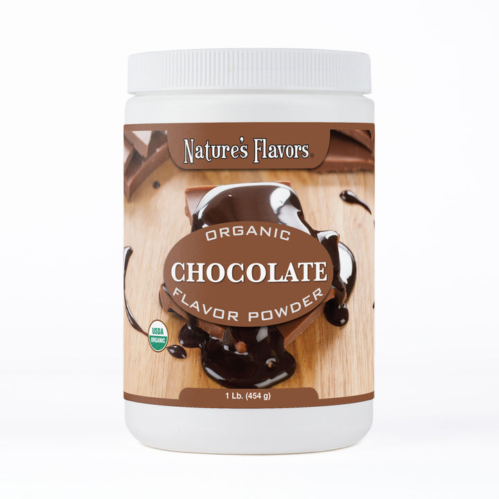 White tub labeled, "Organic Chocolate Flavor Powder"