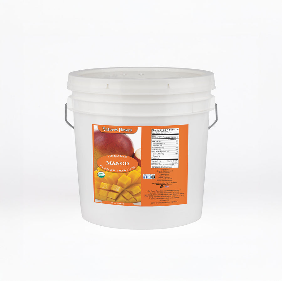 White bucket labeled “Organic Mango Flavor Powder"