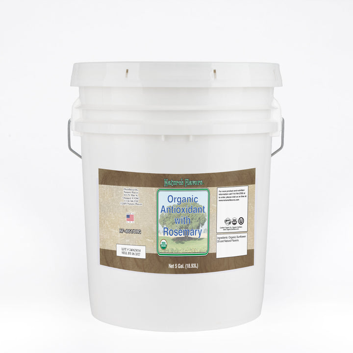 White bucket labeled “Organic Antioxidant with Rosemary"