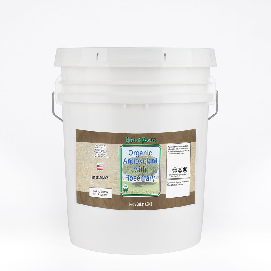 White bucket labeled “Organic Antioxidant with Rosemary"