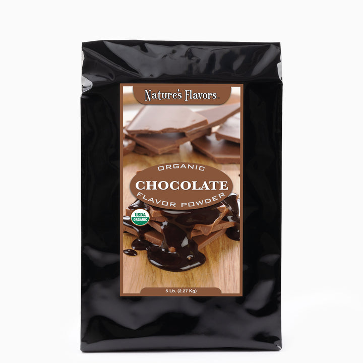 Black bag labeled "Organic Chocolate Flavor Powder".