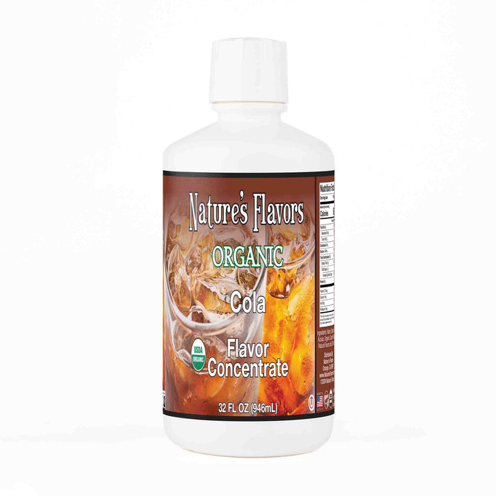 A white bottle with a label that reads, "Organic Cola Flavor Concentrate. 32 oz."