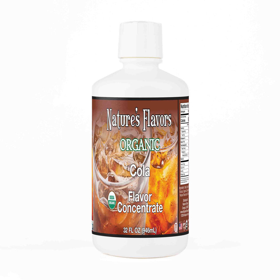 A white bottle with a label that reads, "Organic Cola Flavor Concentrate. 32 oz."